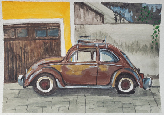 Brown Volkswagen Beetle - Original 5x7in. Gouache Painting