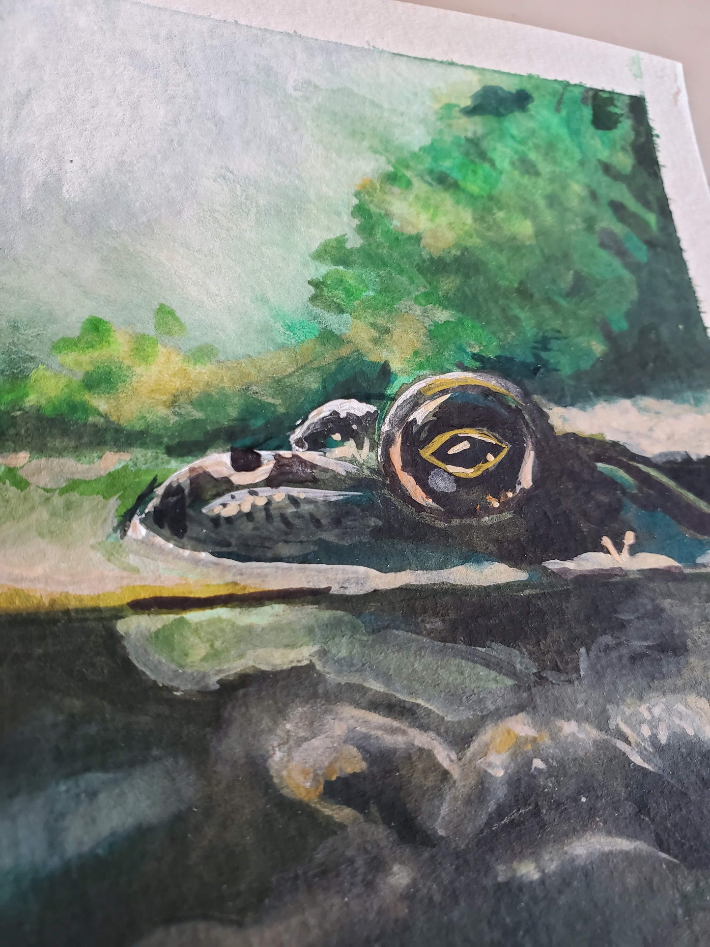 Swimming Turtle - Original 6x4in Gouache Painting